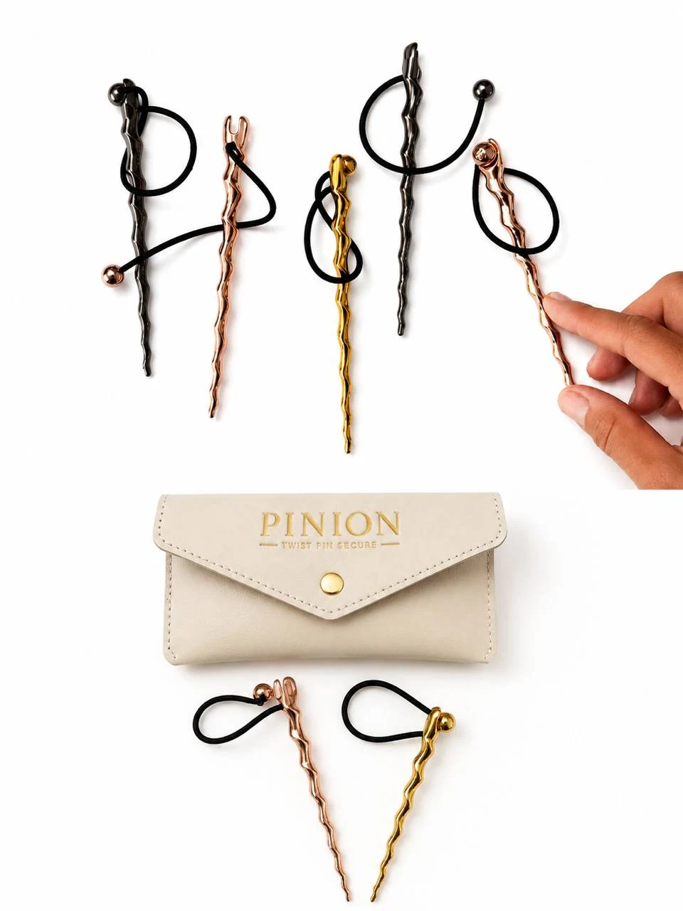 Five Hair PINIONs with their cream carrying case